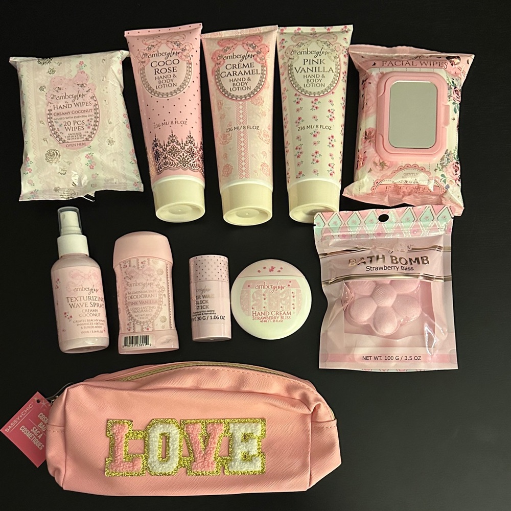 New Amber Glow Pink Bow Floral Lace Girly Skin Care Gift Set Bundle hand cream